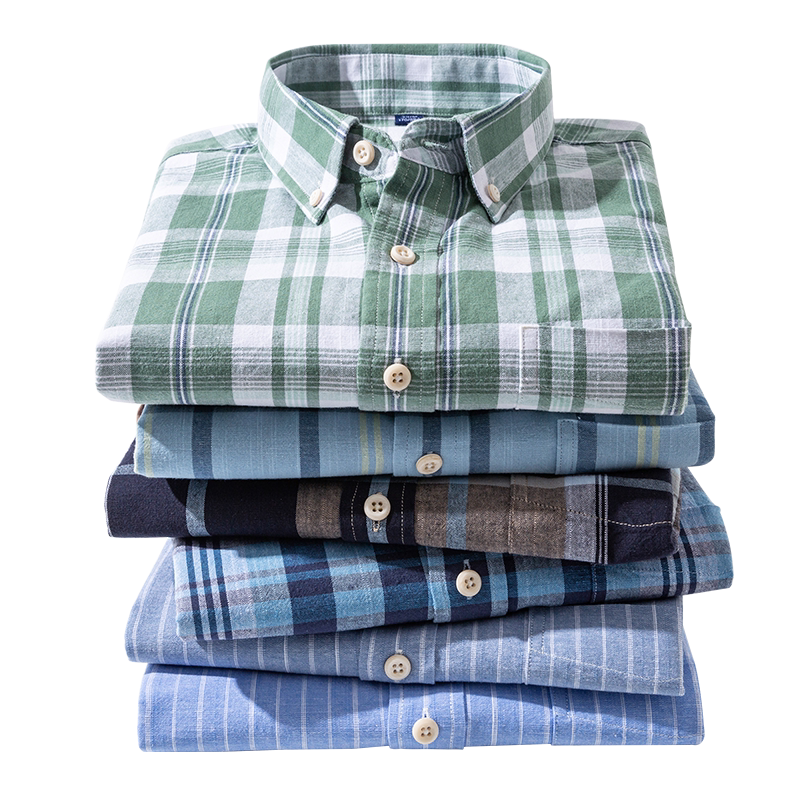春秋棉麻格子衬衫男休闲商务长袖薄款男士上衣中青年简约宽松衬衣