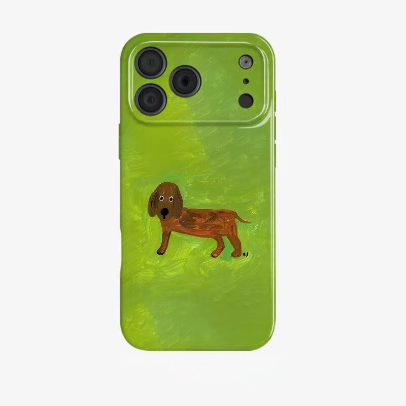 油画草地小狗涂鸦适用苹果17promax手机壳iPhone16新年15新款16pro可爱卡通14全包13女11简约12二合一菲林壳