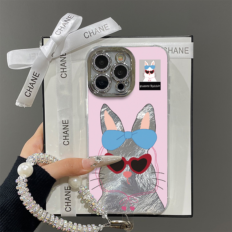 卡通可爱墨镜小兔适用苹果16promax手机壳iPhone15带镜头膜13冰川新款12羽纱pro少女11情侣小众plus防摔x硬壳