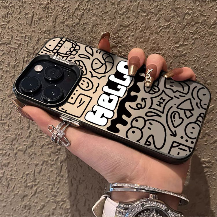 网红卡通涂鸦适用于苹果15promax手机壳新款17/12/13/14pro高级感女款8plus全包镜头xs磨砂xr镭射x防摔保护套