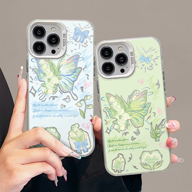 ins彩色铃兰蝴蝶适用苹果15promax手机壳iPhone14少女13新款12可爱pro磨砂情侣11plus镭射xs小众全包防摔硬壳