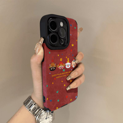 发财财神波点头像适用苹果16promax手机壳新款iPhone15复古皮绒17小众网红14高级感12超火新年13红色贴皮软壳