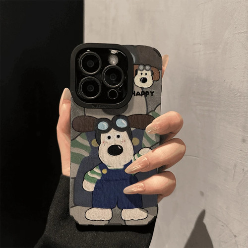 可爱卡通掌门狗适用苹果16promax手机壳新款iPhone15复古皮绒17小众网红14高级感12超火创意13全包xs贴皮软壳