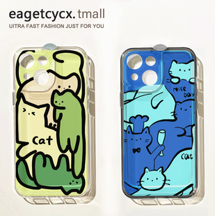 高级创意线条小猫适用苹果15promax手机壳iPhone14透明12新款17网红pro蓝色绿色13情侣plus少女x小众防摔硬壳