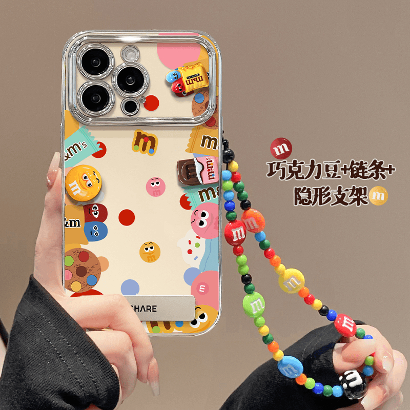 可爱公仔巧克力M豆适用苹果16promax手机壳新款iPhone14小众x支架15手链13情侣卡通11创意12电镀银大视窗软壳