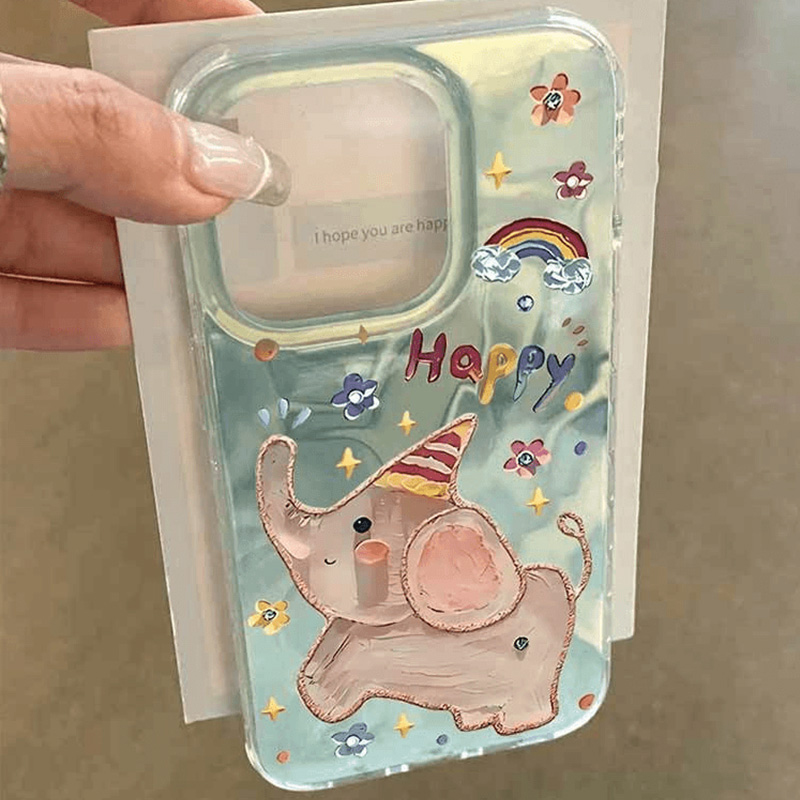 可爱蓝粉色彩虹小象适用苹果15promax手机壳iPhone14创意13新款12高级pro情侣17plus水波纹xs小众xr防摔x硬壳