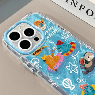 游泳的海报小动物适用苹果16promax手机壳iPhone14创意13新款17pro羽纱plus情侣12高级感15少女x透明奶油软壳