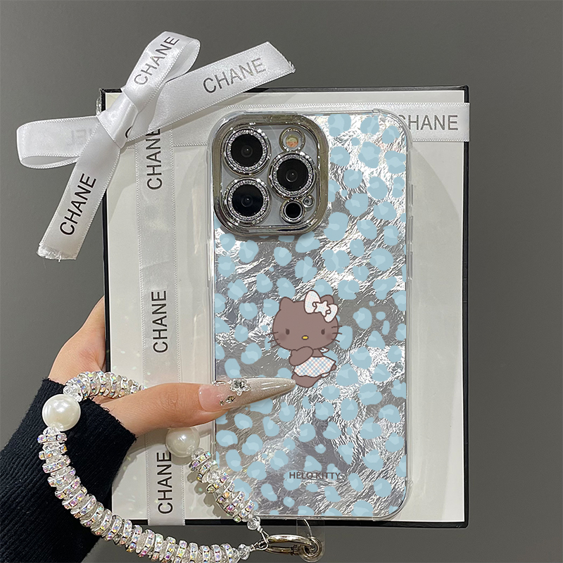 韩系蓝色豹纹凯蒂猫适用苹果16promax手机壳iPhone15带镜头膜13新款12冰川11pro情侣plus少女14全包防摔x硬壳