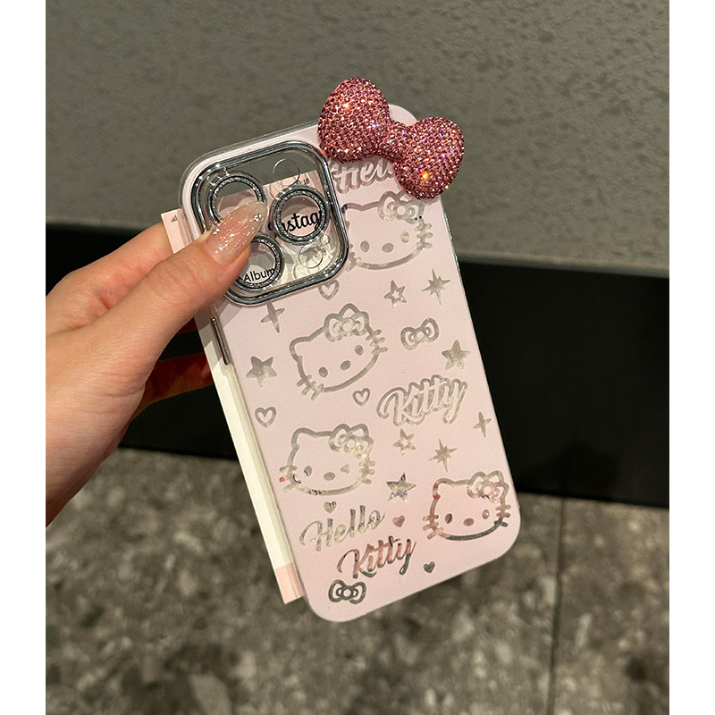 可爱粉钻kitty猫适用苹果16promax手机壳iPhone15电镀银带镜头膜14新女款13时尚12plus羽纱16创意17防摔x硬壳