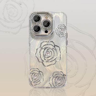 ins渐变山茶花适用苹果16promax手机壳iPhone15电镀银带镜头膜13新款12羽纱纹pro女17plus高级14创意防摔硬壳