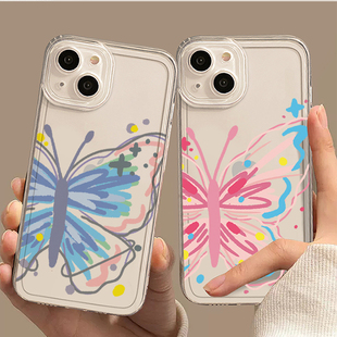 ins彩色蝴蝶花朵适用苹果15promax手机壳12新款13创意11透明plus简笔画情侣xs防摔iPhone不发黄14少女xr软壳