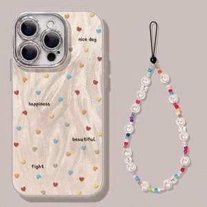 简约彩色爱心适用苹果17promax手机壳iPhone16带镜头膜13新款手链12情侣15创意x网红11plus女14全包x防摔硬壳