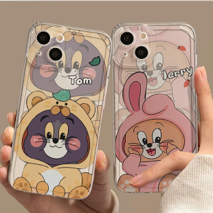 卡通睡衣杰瑞汤姆适用苹果15promax手机壳14新款13小众17透明plus创意xs可爱情侣iPhone女12xr防摔软壳