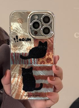 ins黑色可爱猫咪适用苹果16promax手机壳iPhone15电镀银带镜头膜13新款12高级pro女17plus冰川创意防摔xs硬壳