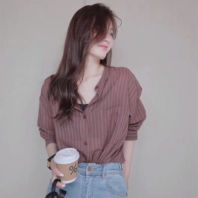 棉麻条纹衬衫女宽松防晒上衣外套