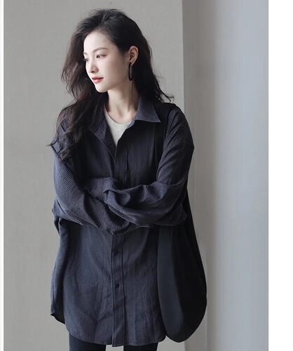 条纹衬衫女长袖中长款防晒衬衣女