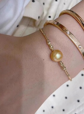 天卉转运珠日落金系列南洋金珠手链天然海水珍珠18k金手圈海水珠