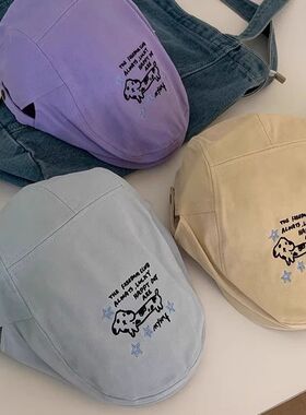 韩版小狗刺绣前进帽子女春秋百搭显脸小贝雷帽可爱大头围画家帽女