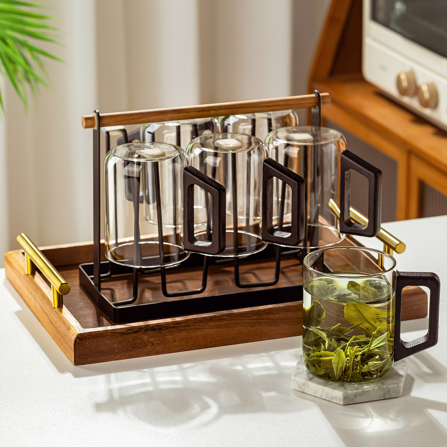 玻璃杯套装家用客厅办公室泡绿茶水杯大容量待客喝水杯子木柄茶杯