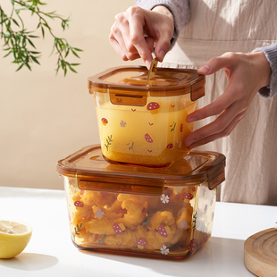 玻璃保鲜盒粥盒方形密封盒食物收纳盒大容量微波炉适用卡通印花