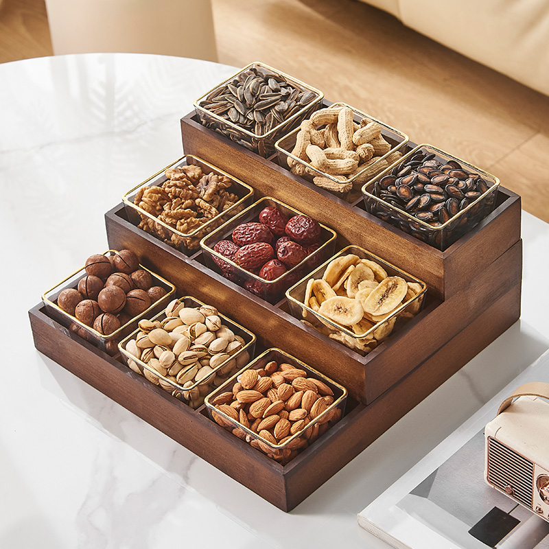新中式坚果零食收纳盒客厅家用新年分格干果盒瓜子糖果盒实木果盘