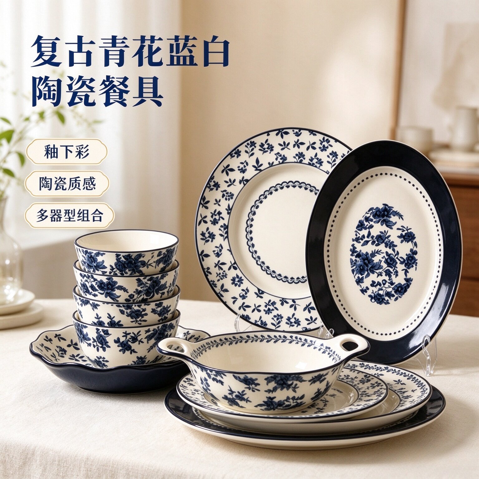 特惠清仓】高颜值复古青花釉下彩陶瓷碗碟套装家用餐具饭碗碟餐盘