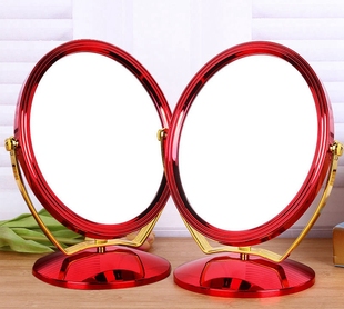 陪嫁用品结婚镜子高档新娘化妆镜红色上头镜PU便携圆双面小镜子