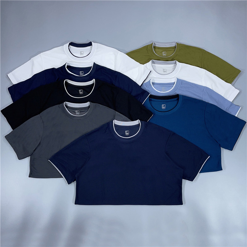 老百姓 元 日系dry机能华夫格透气假两件叠穿全涤圆领半袖短袖t恤