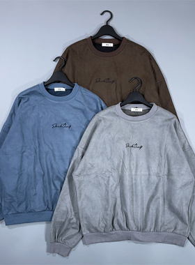 老百姓 元 日系WEGO徽标刺绣麂皮绒宽松OVERSIZE圆领套头卫衣秋冬