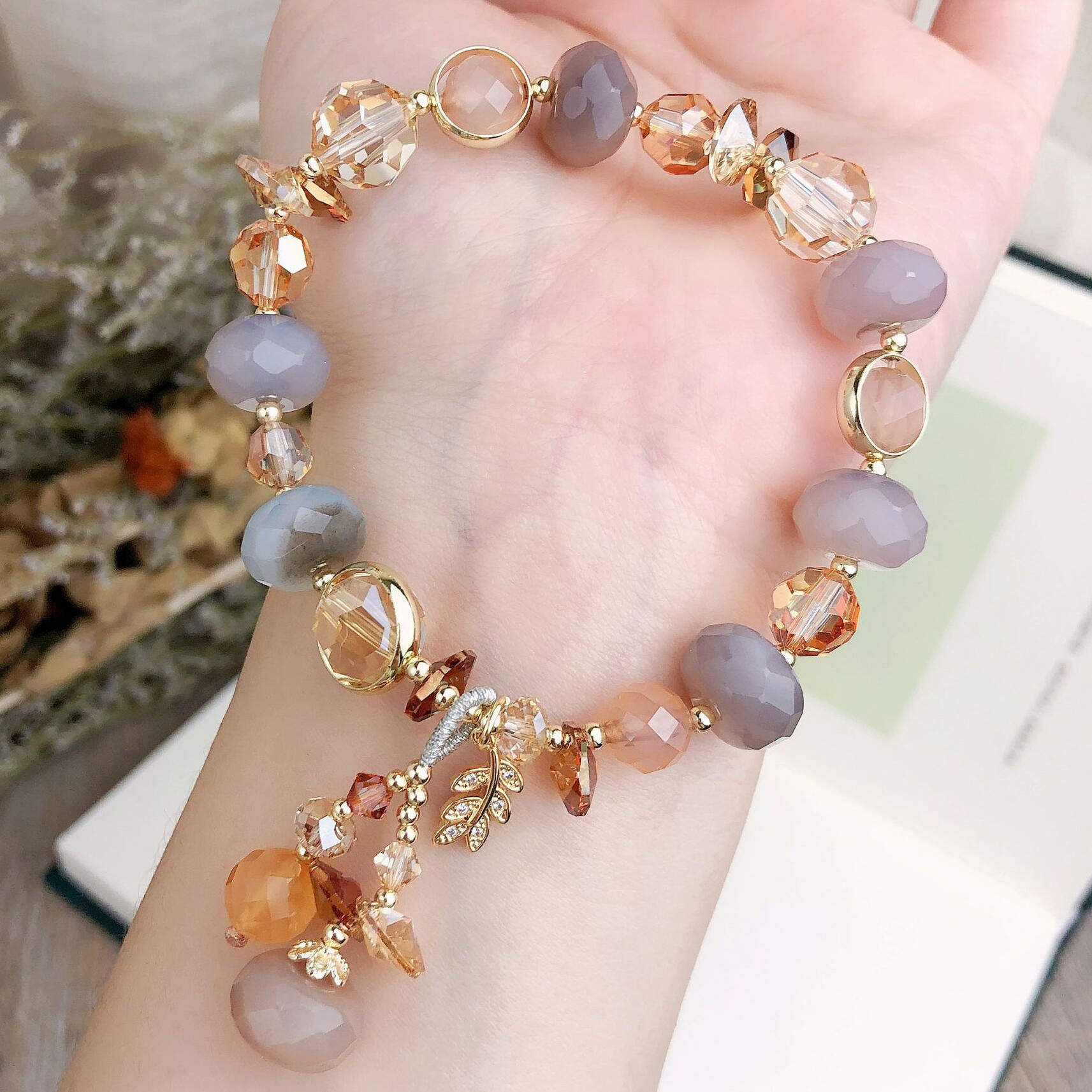 独家设计天然玉髓单圈香槟色奥地利水晶手链切角灰玛瑙玉石手串女