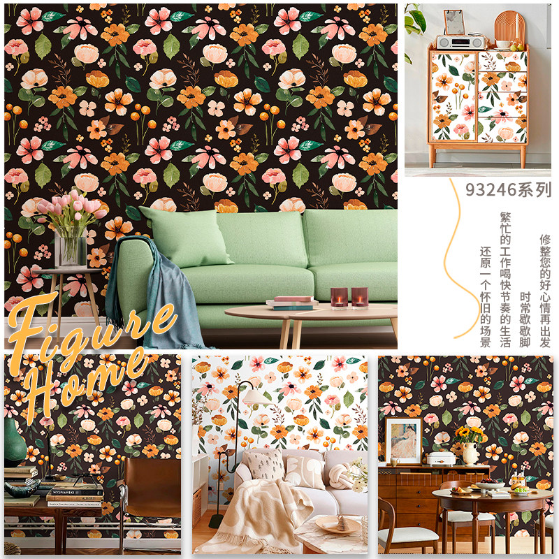 美式水彩植物花卉PVC自粘背景装饰墙纸 防水背胶创意家具翻新贴纸