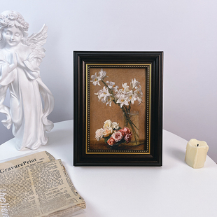 拉图尔玫瑰花朵静物摆件古典复古油画装 饰画客厅玄关卧室挂画相框