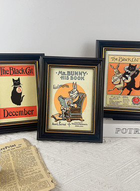 欧式美式复古兔子挂画卧室客厅背景墙油画装饰画黑色相框桌面摆件