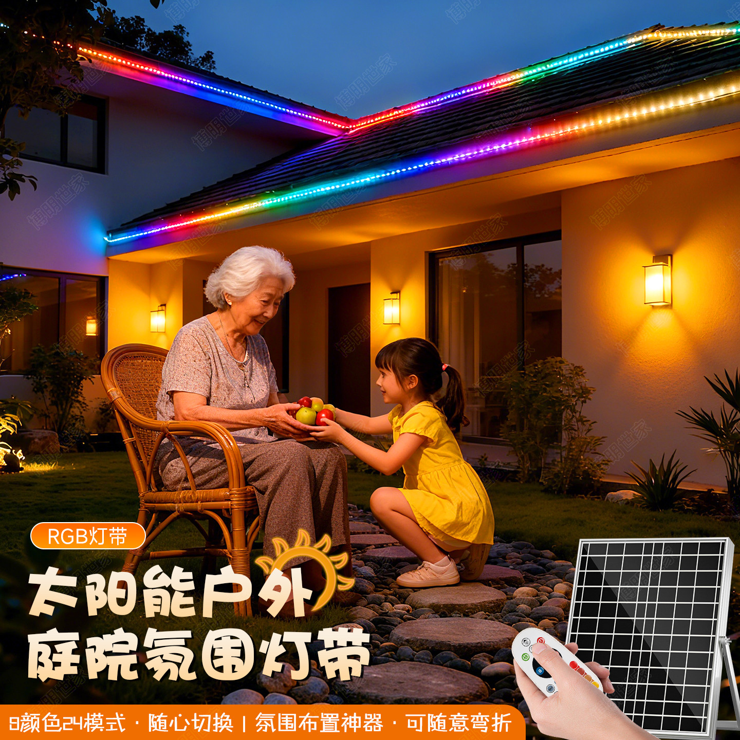 太阳能七彩变光灯带2026新款流光灯新年氛围灯户外防水庭院别墅灯