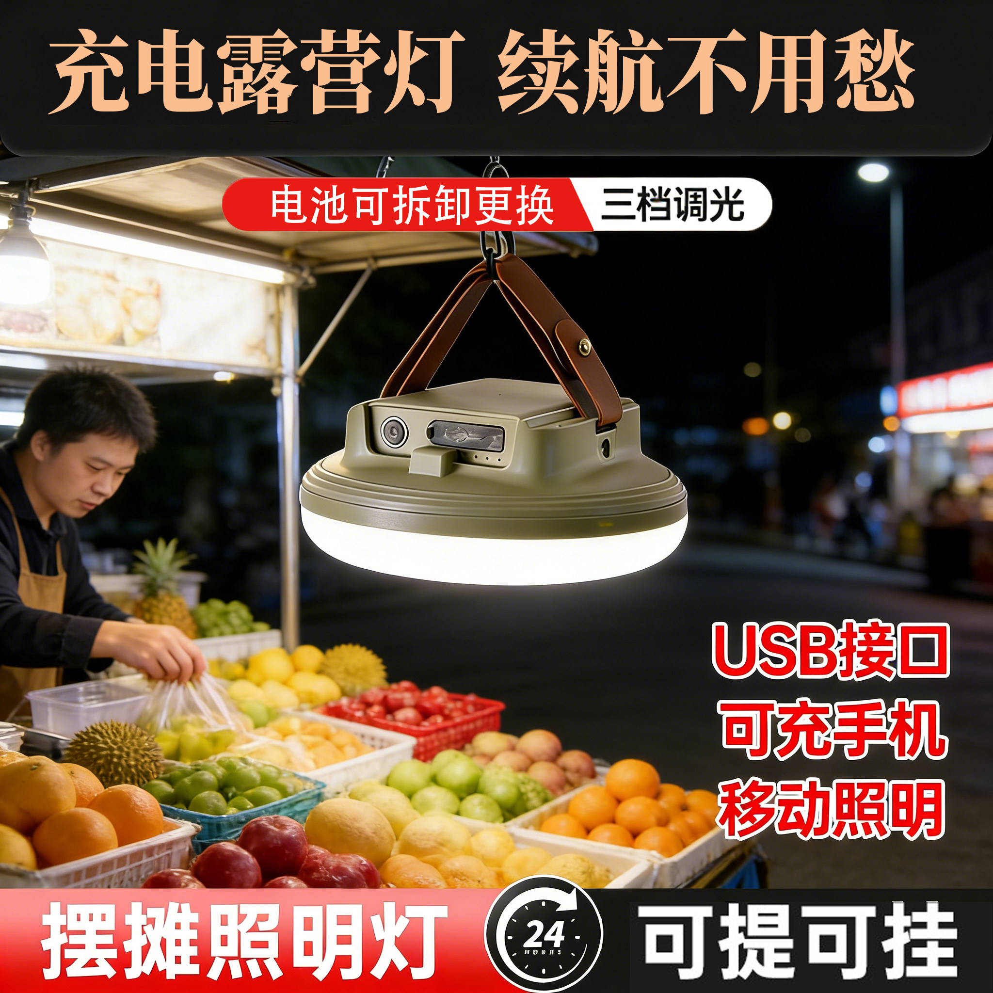 充电照明灯摆摊夜市三轮车专用户外强光超长续航手提便携式露营灯