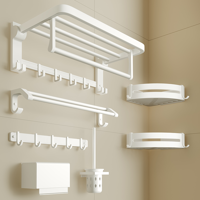 太空铝毛巾架免打孔浴巾架卫生间浴室置物架五金厕所挂件套装白色