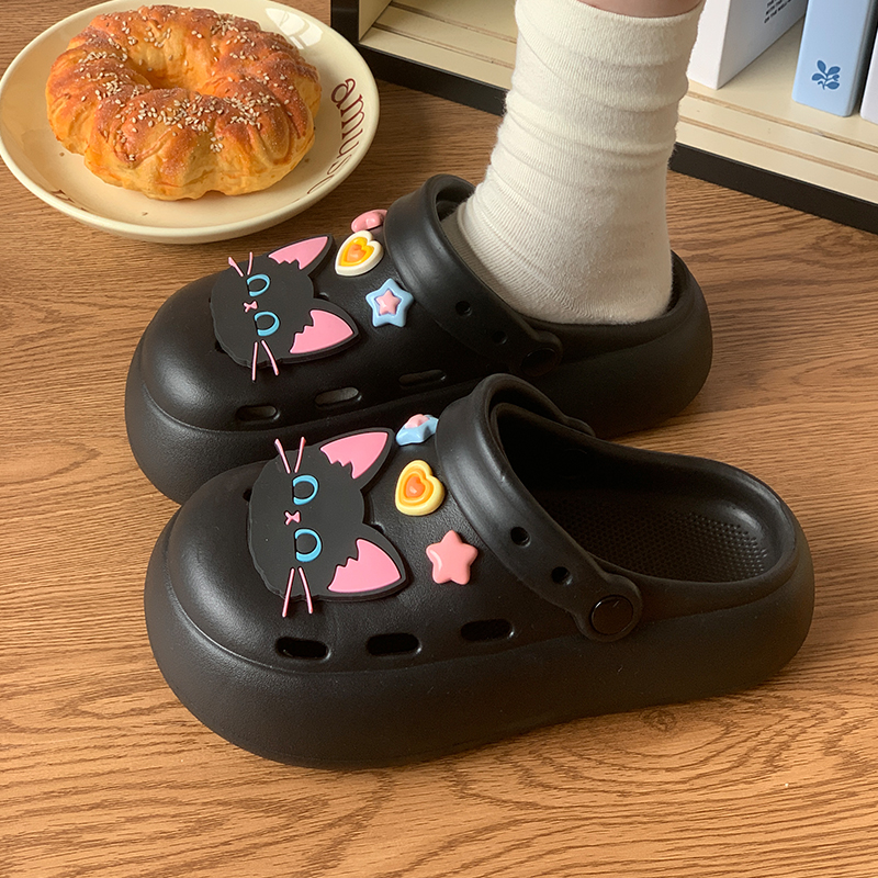 卡通小黑猫洞洞鞋女夏季外穿防滑