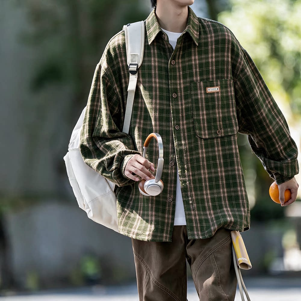 美式复古格子长袖厚款宽松衬衫男