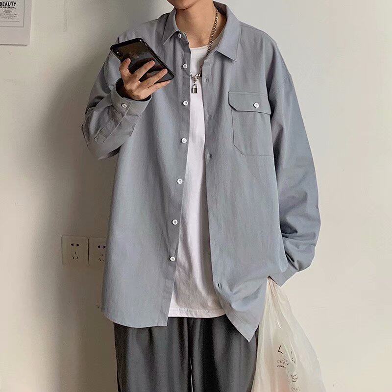 春秋港风男宽松长袖纯色翻领衬衫