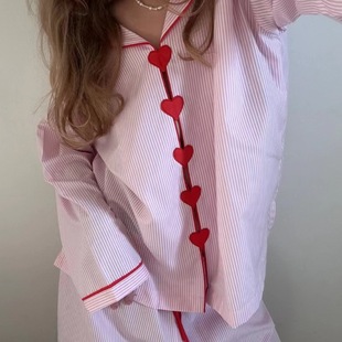 粉色女 新款 欧美女士休闲睡衣条纹撞色刺绣长袖 长裤 睡衣家居服套装