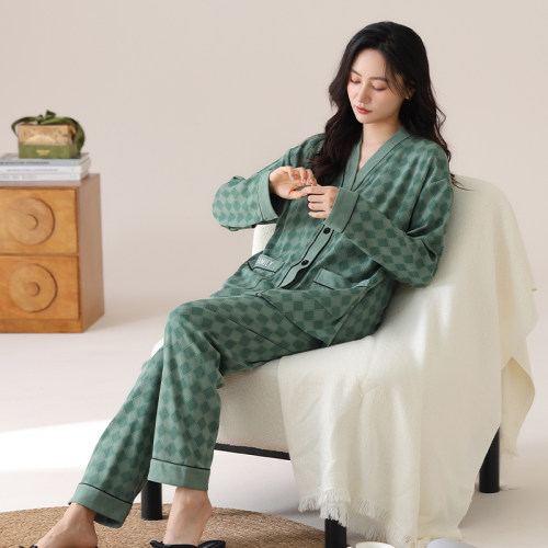 睡衣女秋冬季纯棉胖mm特大码开衫纽扣V领宽松家居服200斤220斤5XL