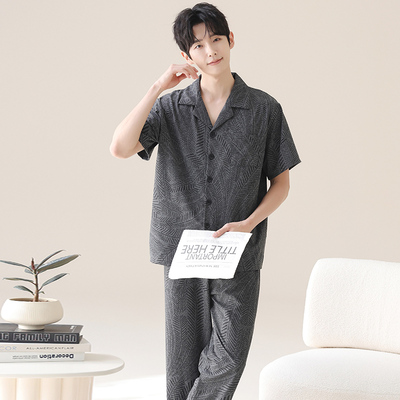 短袖长裤纯棉睡衣夏季家居服男款开衫特大码套装200斤250斤5XL6XL
