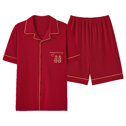 夏情侣睡衣纯棉红色短袖短裤男女结婚新婚本命年240斤300斤6XL7XL