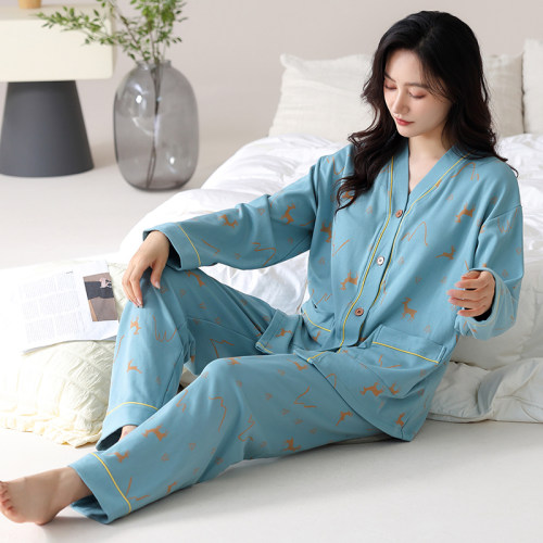 睡衣女款秋冬季长袖开衫纽扣胖mm特大码纯棉200斤220斤5XL家居服