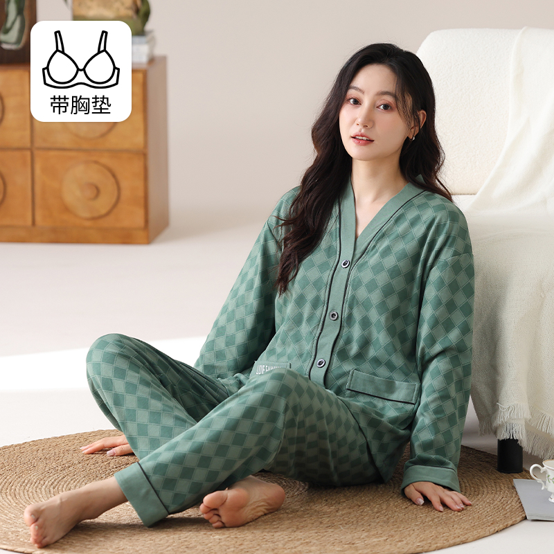 睡衣女款秋冬带胸垫一体纯棉长袖女士特大码200斤220斤4XL5XL套装
