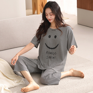 纯棉家居服胖MM6XL200斤240斤5XL套装 特大码 七分裤 女夏季 睡衣短袖