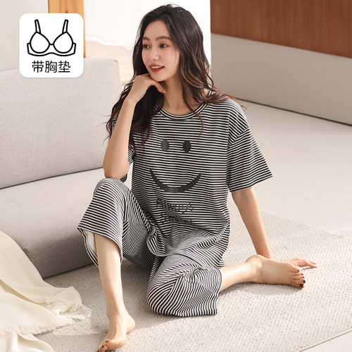 带胸垫超大码睡衣女夏季纯棉220斤240斤6XL胖mm短袖七分裤XXXXXXL
