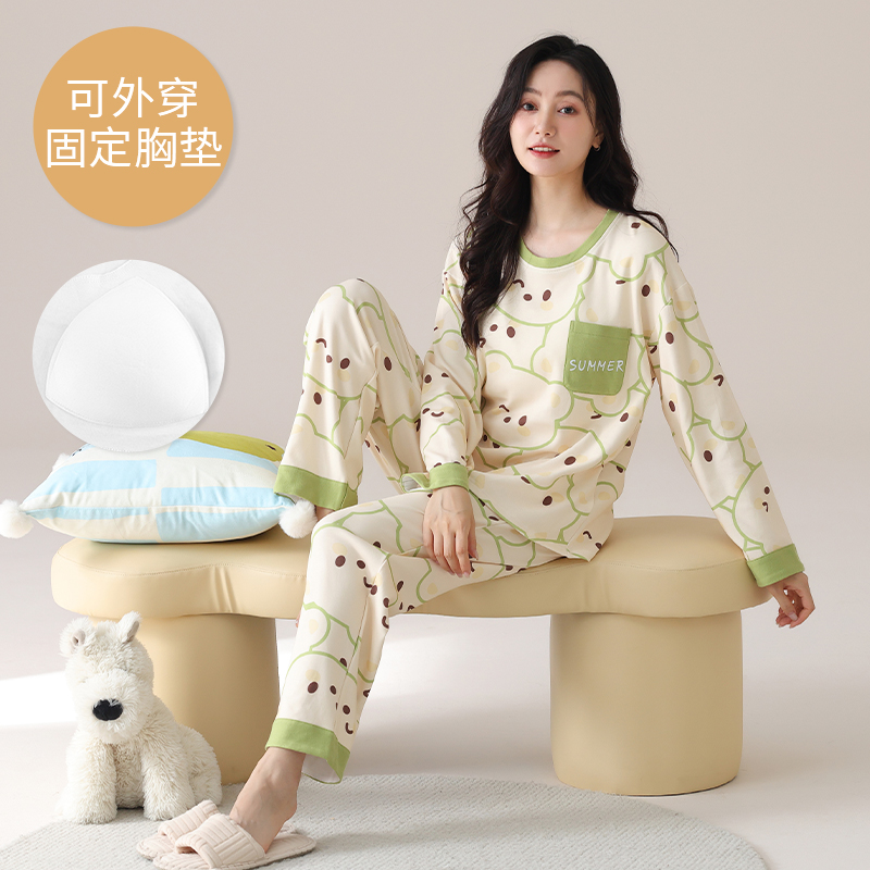带胸垫纯棉特大码睡衣女士200斤胖mm秋冬长袖长裤220斤套装4XL5XL
