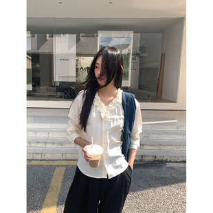 女2025春韩衬衣开衫 yesyellow 衬衫 法式 女 小清新花边V领长袖