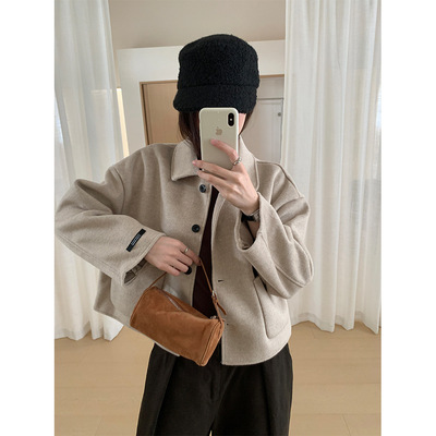 yesyellow高级感羊毛混纺翻领外套女秋冬小个子通勤短款呢子上衣